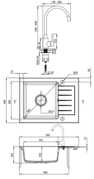 Deante Zorba, chiuveta granit cu 1 camera 580x440x164 mm si baterie flexibila pentru chiuveta Luno, grafit, DEA-ZQZC211A