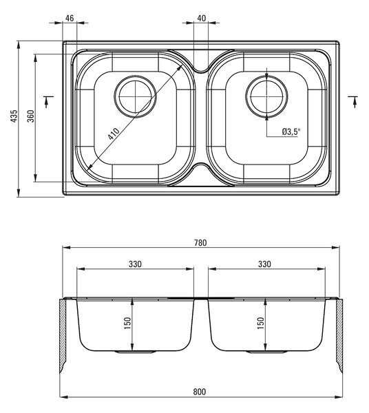 Deante Xylo, chiuveta blat din otel inoxidabil cu 2 camere B/O 780x435x150 3.5" + sifon, model decor, ZEX_3203