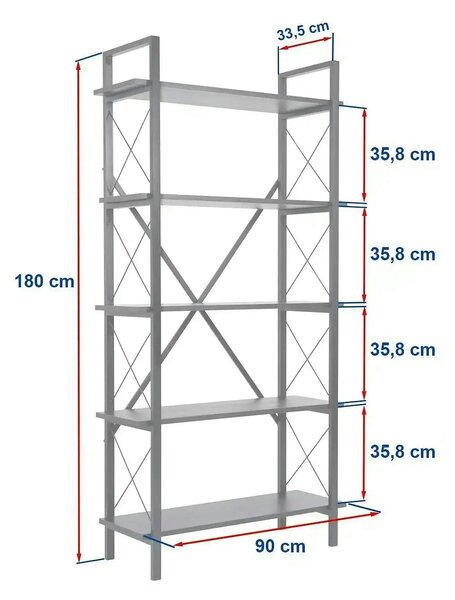 Etajera ELYSIAN, alb/auriu, PAL/metal, 90x34x180 cm