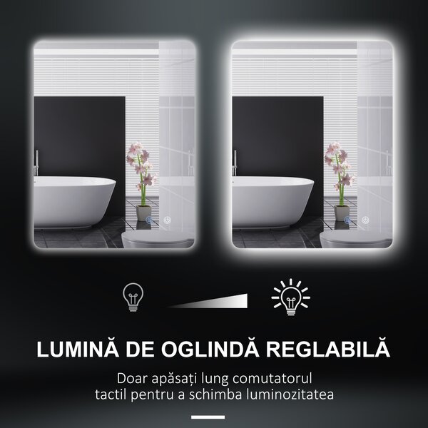Kleankin Oglindă de Baie cu Lumină LED, 3 Culori, Întrerupătoare Touch și Luminozitate Reglabilă, 70x50x3 cm, Transparent | Aosom Romania