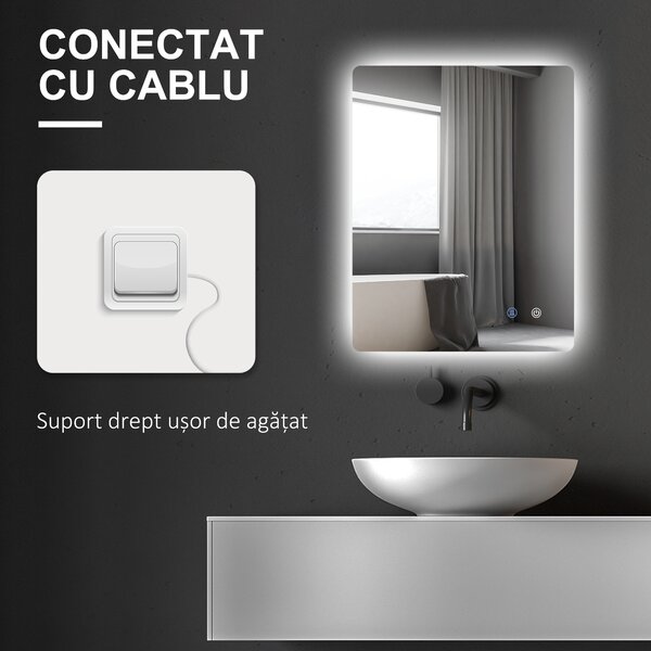 Kleankin Oglindă de Baie cu Lumină LED, 3 Culori, Întrerupătoare Touch și Luminozitate Reglabilă, 70x50x3 cm, Transparent | Aosom Romania