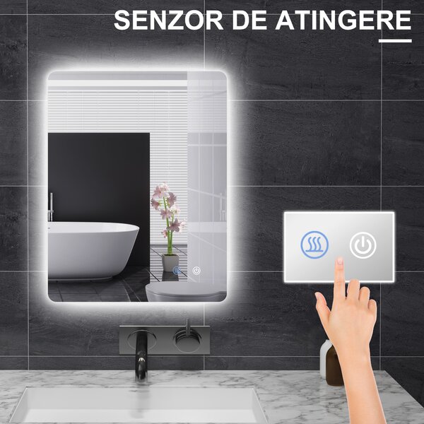 Kleankin Oglindă de Baie cu Lumină LED, 3 Culori, Întrerupătoare Touch și Luminozitate Reglabilă, 70x50x3 cm, Transparent | Aosom Romania