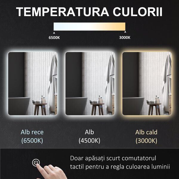 Kleankin Oglindă de Baie cu Lumină LED, 3 Culori, Întrerupătoare Touch și Luminozitate Reglabilă, 70x50x3 cm, Transparent | Aosom Romania