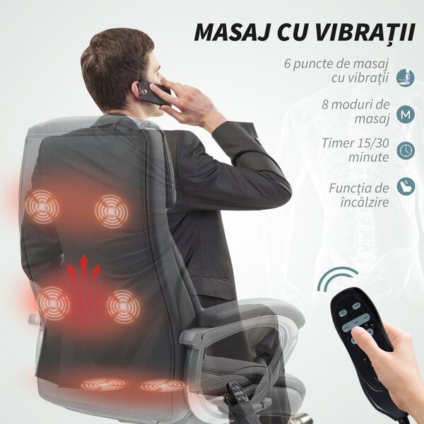 HOMCOM Scaun de Birou cu Masaj în 6 Puncte, Vibrant și Înclinabil, cu Buzunar și Telecomandă, 66x72x113-121 cm, Gri | Aosom Romania