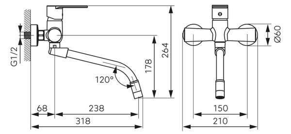 Ferro Algeo Square, baterie de lavoar montată pe perete cu gura flexibilă 150 mm, crom, BAG5FB