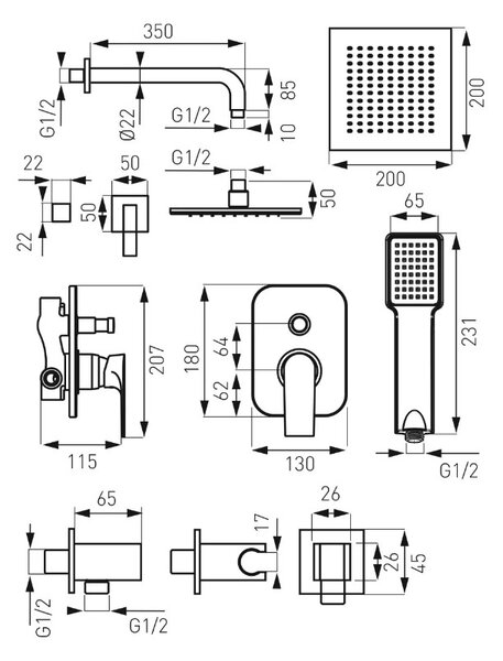 Ferro Algeo Square, set de duș ascuns cu cap de ploaie 20x20 cm, crom lucios, BAQ7P-SET1-S
