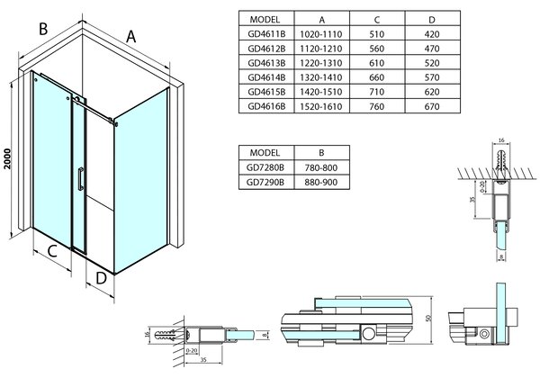 Gelco Gelco, paravan de duș dreptunghiular DRAGON BLACK 1100x800mm varianta L/P, GD4611B-01