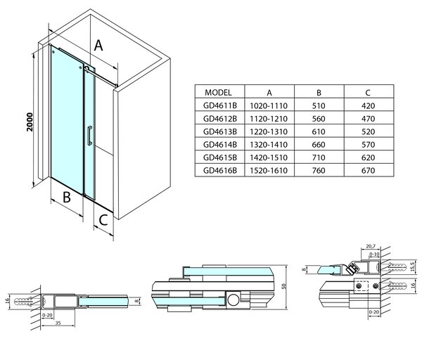 Gelco Gelco, usa de dus DRAGON BLACK 1200mm, sticla transparenta, GD4612B