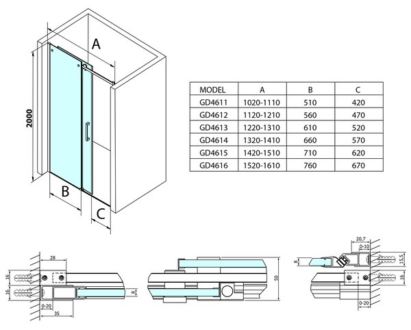 Gelco Gelco, usa de dus DRAGON 1200mm, sticla transparenta, GD4612