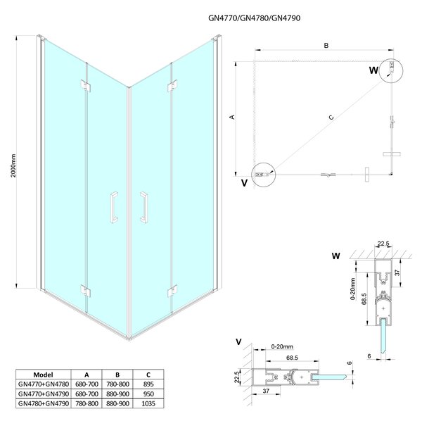 Gelco Gelco, paravan de duș dreptunghiular LORO 800x700mm varianta L/P, GN4780-02