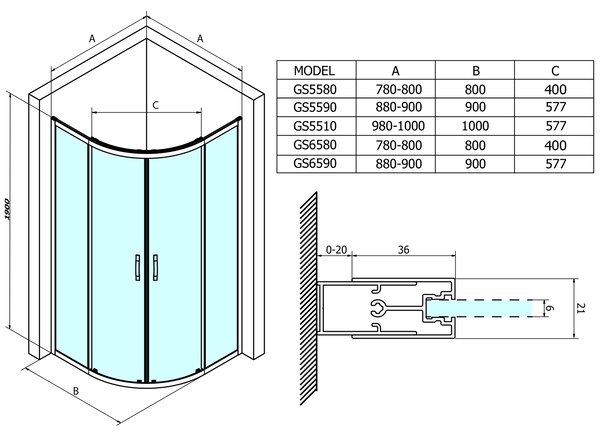 Gelco Gelco, paravan de duș pătrat SIGMA SIMPLY 900x900mm, R550, sticlă cărămidă, GS6590