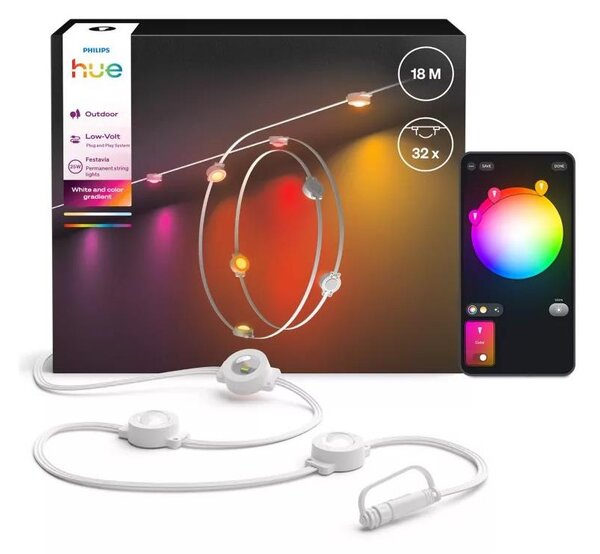 Philips Hue FESTAVIA ghirlandă LED RGBW reglabilă pentru exterior, 32 LED, 18 m, IP65
