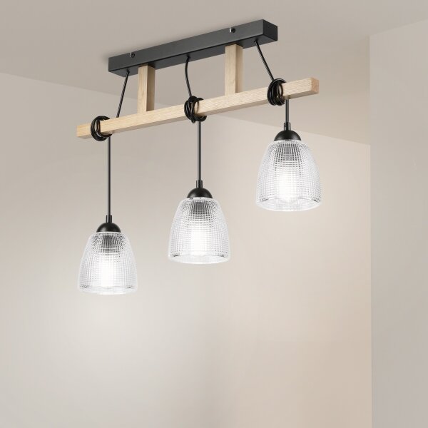Lustră suspendată cu cablu LEANDRA, 3xE27/15W/230V, stejar/negru