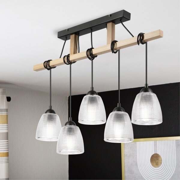 Lustră suspendată pe cablu LEANDRA, 5x E27, 15W, 230V, stejar/negru