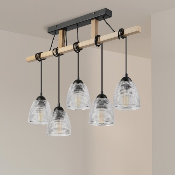 Lustră suspendată pe cablu LEANDRA, 5x E27, 15W, 230V, stejar/negru