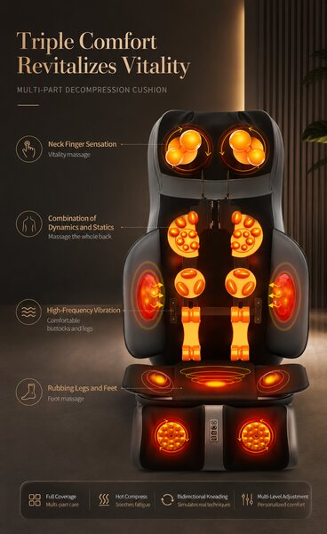Saltea masaj corp intreg 5-in-1 cu role Shiatsu, vibratii si incalzire