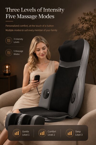Saltea masaj corp intreg 5-in-1 cu role Shiatsu, vibratii si incalzire