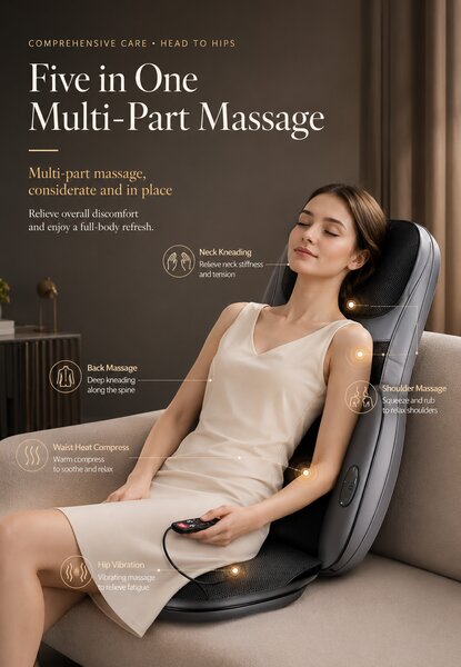 Saltea masaj corp intreg 5-in-1 cu role Shiatsu, vibratii si incalzire