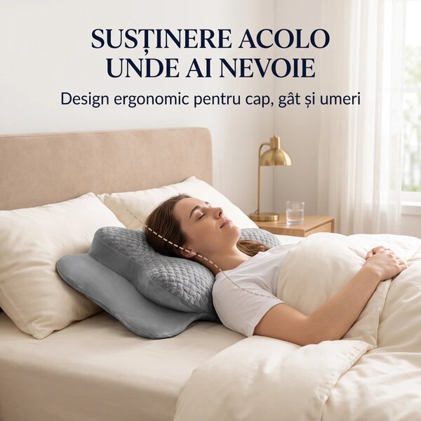 Perna cervicala ortopedica memory foam, husa Tencel, Gri