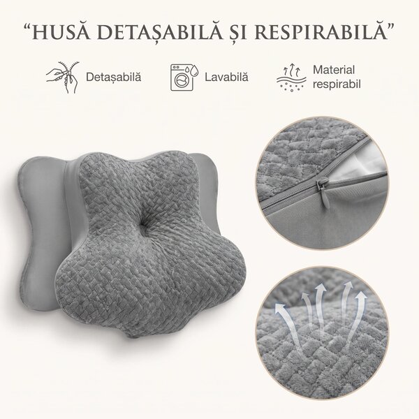 Perna cervicala ortopedica memory foam, husa Tencel, Gri