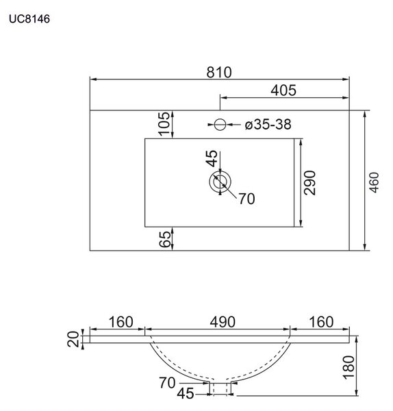Mereo Mereo, chiuveta de mobila SLIM, 81x46x18 cm, ceramica, alb, MER-UC8146
