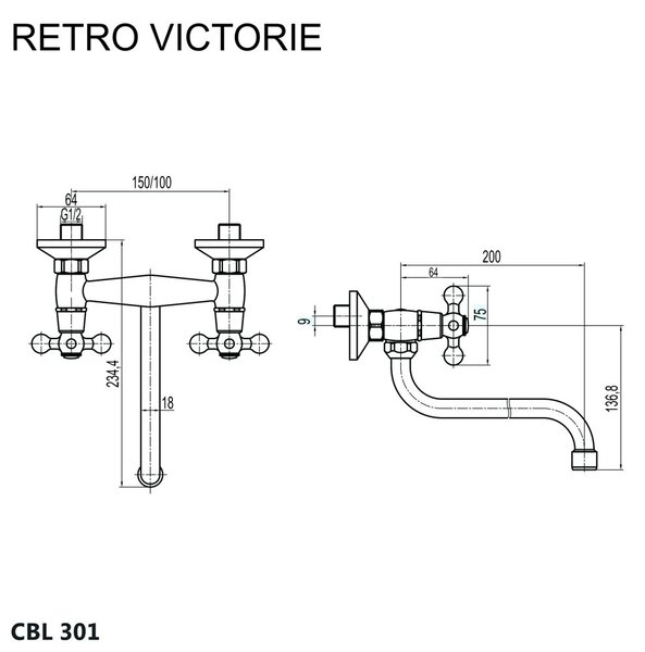Mereo Mereo, Baterie de perete pentru chiuveta, Retro Victoria, cu brat tubular dia. 18 mm - 200 mm, MER-CBL301A