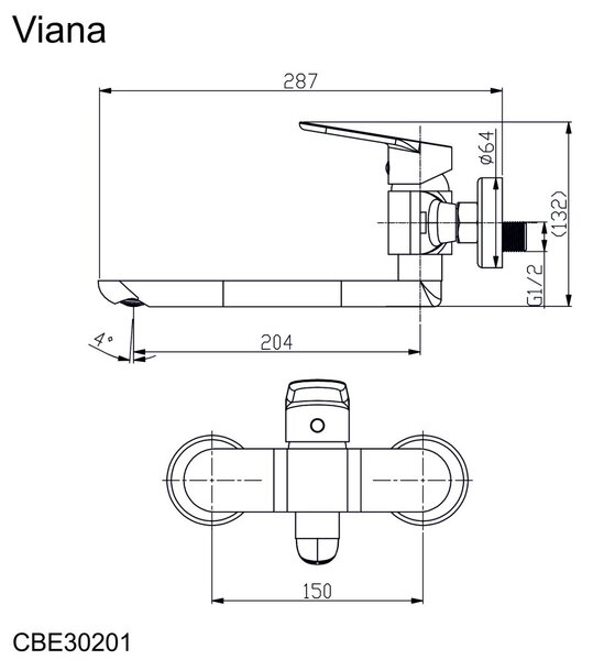 Mereo Mereo, Baterie pentru chiuvetă de perete, Viana, 150 mm, cu braț drept plat 200 mm, crom, MER-CBE30201