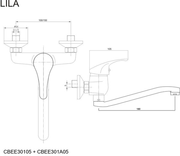 Mereo Mereo, Baterie pentru chiuveta montata pe perete, Liliac, cu brat plat curbat 180 mm, crom, MER-CBEE30105