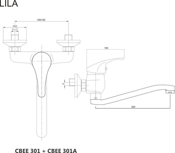Mereo Mereo, Baterie pentru chiuveta montata pe perete, Liliac, cu brat plat curbat, crom, MER-CBEE301A
