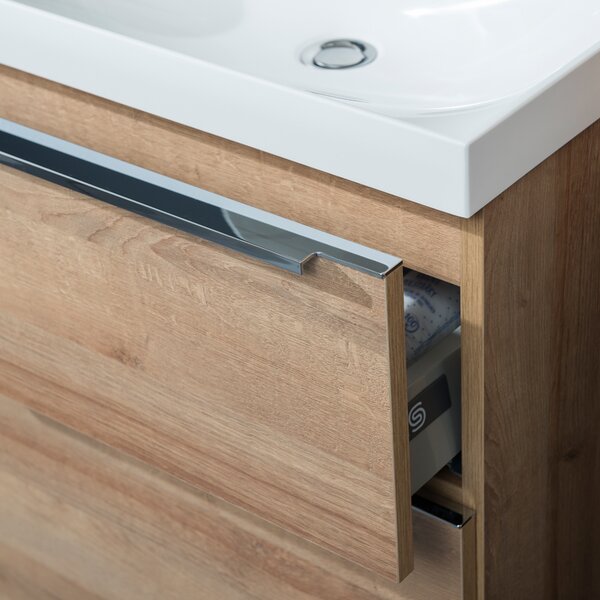 Mereo, Mereo Mailo, mobilier baie cu lavoar ceramic 81 cm, stejar Riviera, mâner cromat, MER-CN521