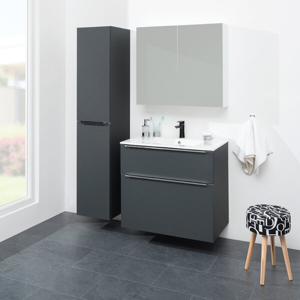 Mereo, Mereo Mailo, mobilier baie cu lavoar ceramic 81 cm, stejar Riviera, mâner cromat, MER-CN521