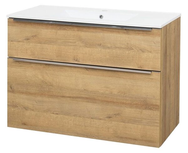 Mereo, Mereo Mailo, mobilier de baie cu lavoar ceramic 101 cm, stejar Riviera, mâner AL anodizat, MER-CN522A