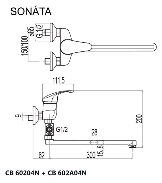Mereo Mereo, Baterie de perete pentru apartament. miezuri, Sonata, cu brat plat 300 mm, fara accesorii, crom, MER-CB60204N