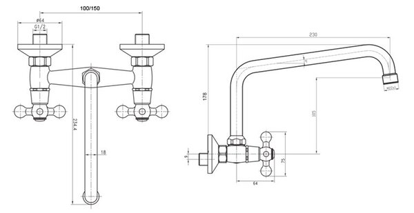 Mereo Mereo, baterie pentru chiuveta Retro Viktorie, montata pe perete, cu brat tubular in U ø 18 mm - 230 mm, MER-CBL30104