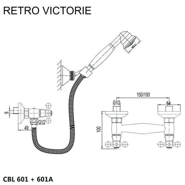 Mereo Mereo, Baterie de duș de perete, Retro Victoria, cu accesorii, crom, MER-CBL601A