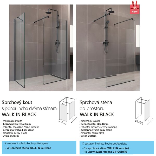 Mereo Mereo, perete de dus WALK IN, Novea, negru ALU, sticla transparenta, MER-CK10600HB
