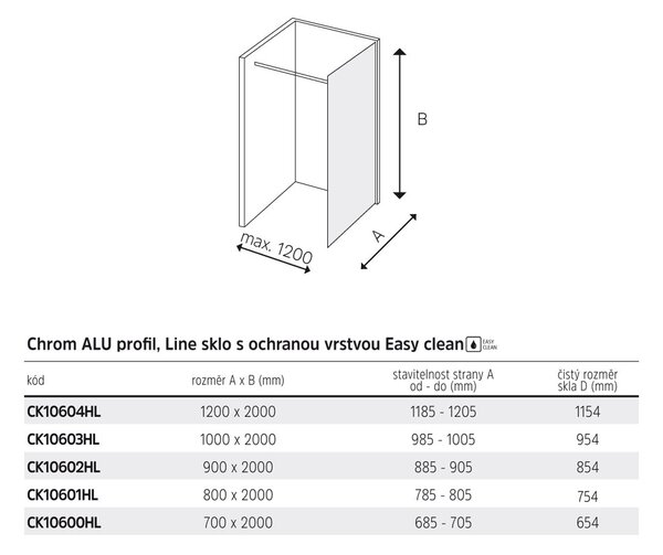 Mereo Mereo, perete dus WALK IN, Novea, crom ALU, sticla Line, MER-CK10600HL