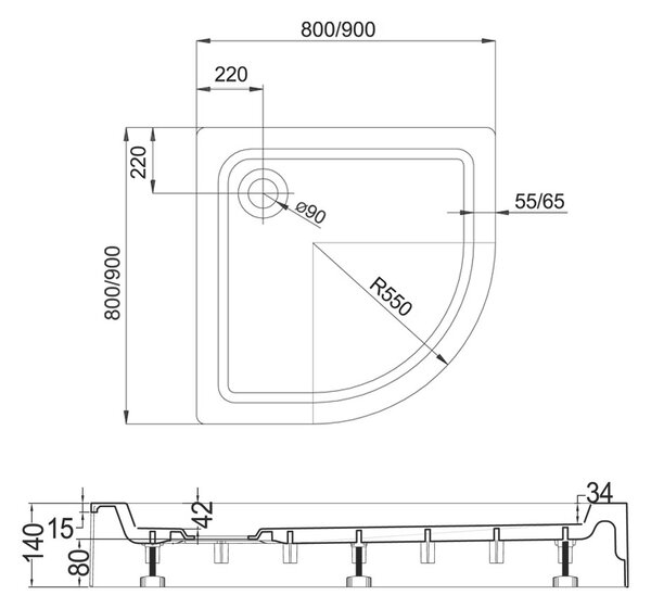 Mereo Mereo, Cadă de duș R550, SMC, alb, inclusiv picioare și sifon ø 90 mm, MER-CV11H