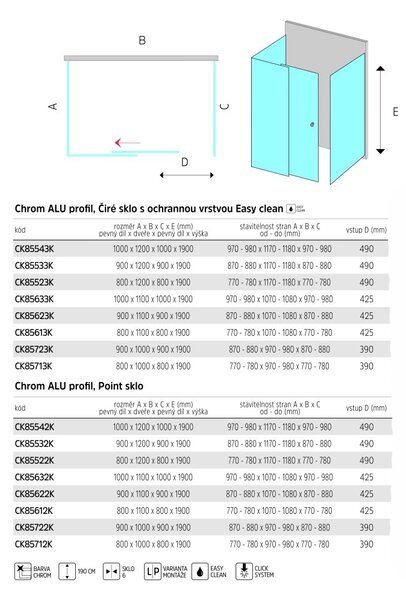 Mereo Mereo, Cabină de duș, Lima, dreptunghi, parte fixă ​​x ușă glisantă x parte fixă, crom ALU, sticlă Point, MER-CK85522K