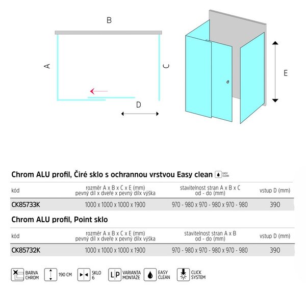 Mereo Mereo, Cabina de dus, LIMA, patrata, 100x100x100x190 cm, crom ALU, sticla transparenta, MER-CK85733K