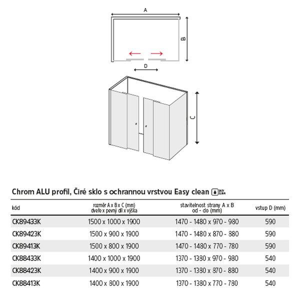 Mereo Mereo, Cabina de dus, Lima, dreptunghi, inaltime 190 cm, crom ALU, sticla transparenta, MER-CK88413K