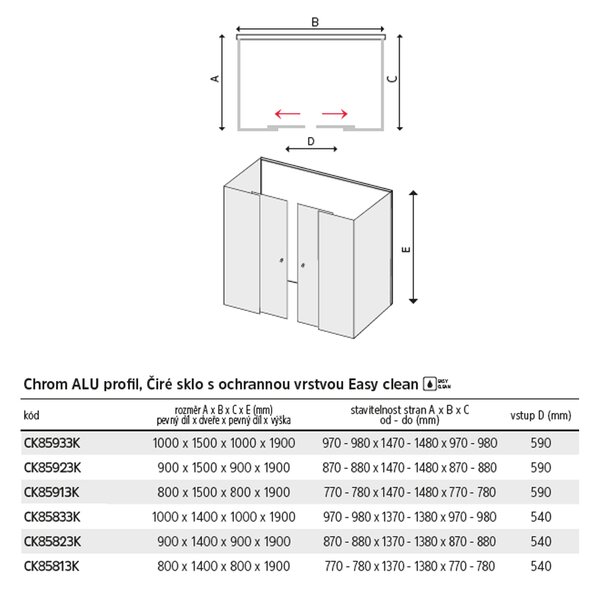 Mereo Mereo, Duș, Lima, dreptunghi U, înălțime 190 cm, crom ALU, sticlă transparentă, MER-CK85813K