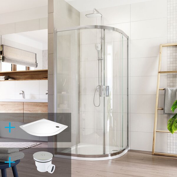 Mereo Mereo, Set dus:, LIMA, sfert de cerc, 90x90x190 cm, R 550, crom ALU, sticla transparenta, cada de marmura turnata, MER-CK608B23KM