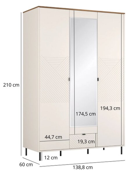 Dulap dormitor oglinda EVO, casmir/stejar, PAL laminat, 139x60x210 cm