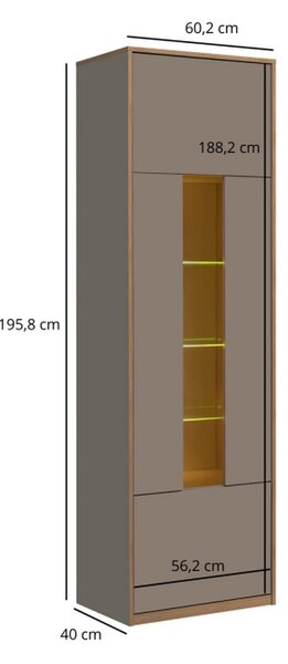 Vitrina pentru living COMPLEX, gri/stejar, PAL laminat, 60x40x196 cm