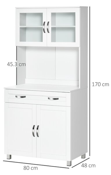 HOMCOM Bufet Înalt de Bucătărie cu Raft pentru Cuptor, Sertar, Uși de Sticlă și Rafturi Reglabile, 80x48x170 cm, Alb | Aosom Romania
