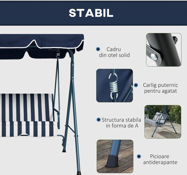 Outsunny Leagăn de Grădină cu 3 Locuri cu Acoperiș Solar, Balansoar în Aer Liber cu Structură din Oțel și Poliester, 172x110x153 cm, Alb și Albastru | Aosom Romania