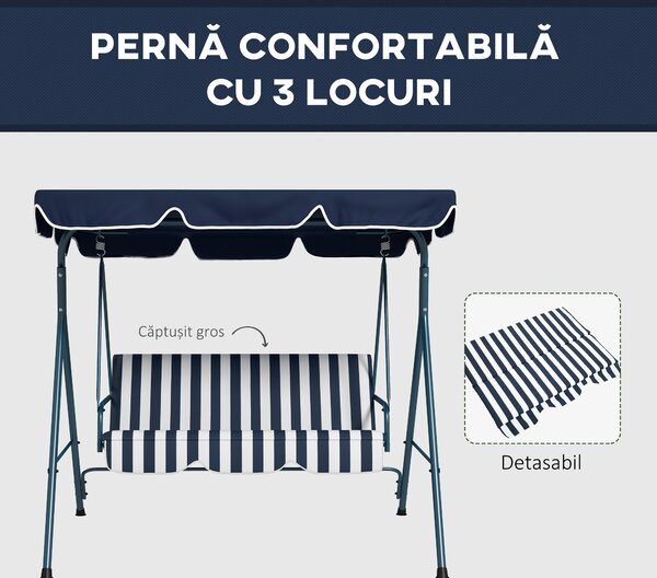 Outsunny Leagăn de Grădină cu 3 Locuri cu Acoperiș Solar, Balansoar în Aer Liber cu Structură din Oțel și Poliester, 172x110x153 cm, Alb și Albastru | Aosom Romania