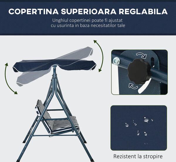 Outsunny Leagăn de Grădină cu 3 Locuri cu Acoperiș Solar, Balansoar în Aer Liber cu Structură din Oțel și Poliester, 172x110x153 cm, Alb și Albastru | Aosom Romania