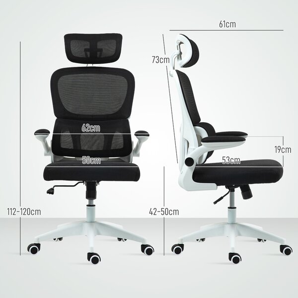 HOMCOM Scaun Birou cu Înălțime Reglabilă, Brațe Rabatabile și Tetieră, Scaun Ergonomic 62x61x112-120 cm, Negru | Aosom Romania